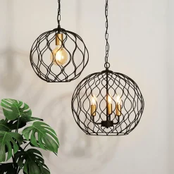 Searchlight FINESSE - Plafonnier à cage ronde à 1 ampoule - Noir avec douilles dorées