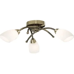 Searchlight Opera - Plafonnier affleurant à 3 ampoules à bras multiples en laiton antique et verre opale, G9