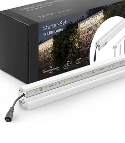 Set d'éclairage pour clôture en métal/gabion: 1x Barette LED de Lg. 2460 m/m, Anodisée argent, 1 tranformateur EU, 1 prolongateur