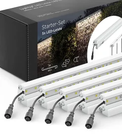 Set d'éclairage pour clôture en métal/gabion: 5x Barettes LED de Lg. 1960 m/m, Anodisée argent, 1 tranformateur EU, 1 prolongateur