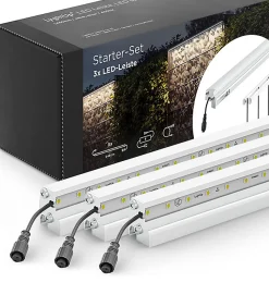 Set d'éclairage pour clôture en métal/gabion: 3x Barettes LED de Lg. 2460 m/m, Anodisée argent, 1 tranformateur EU, 1 prolongateur