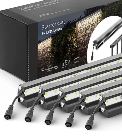 Set d'éclairage pour clôture en métal/gabion : 5x Barettes LED de Lg. 2460 m/m Anthracite, 1 tranformateur EU, 1 prolongateur