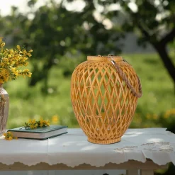 Set de 2 lampes corbeille solaires Cesto rotin synthétique naturel capteur crépuscule blanc chaud H 24cm extérieur