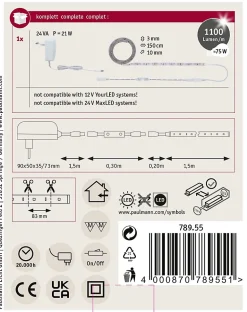 SimpLED Power Strip LED Blanc chaud avec Dimm/Switch Kit complet 1,5m revêtue 17W 1100lm/m 72 LEDs/m 3000K 24VA