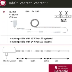SimpLED Power Strip LED Blanc chaud avec Dimm/Switch Kit complet 1,5m revêtue 17W 1100lm/m 72 LEDs/m 3000K 24VA
