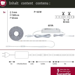 SimpLED Power Strip LED Blanc chaud avec Dimm/Switch Kit complet 5m revêtue 50W 1100lm/m 72 LEDs/m 3000K 60VA
