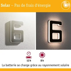 Solar Numéro de maison lumineux LED avec batterie interchangeable Numéro 6 IP44 3000K 6lm Noir