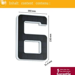Solar Numéro de maison lumineux LED avec batterie interchangeable Numéro 6 IP44 3000K 6lm Noir
