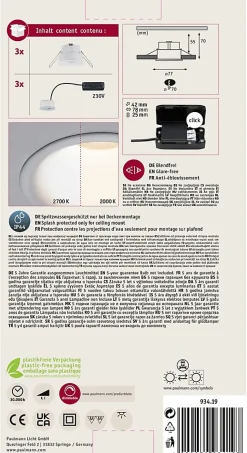Spot encastré LED Cymbal Coin Kit de base IP44 rond 77mm Coin 3x6W 3x440lm 230V gradable Dim to warm Blanc dépoli