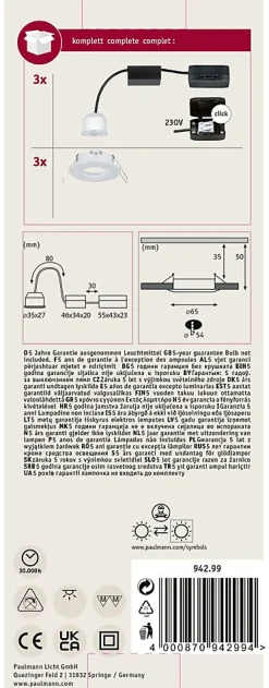 Spot encastré LED Nova Mini Coin Kit de base fixe IP44 rond 65mm Coin 3x4W 3x310lm 230V 2700K Blanc dépoli