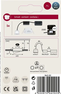 Spot encastré LED Nova Mini Coin Luminaire individuel orientable rond 66mm 15 Coin 4W 310lm 230V 2700K Blanc dépoli