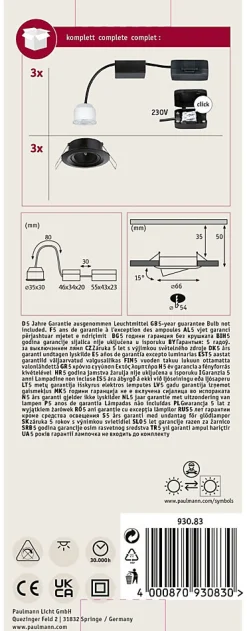 Spot encastré LED Nova Mini Coin Kit de base orientable rond 66mm 15 Coin 3x4W 3x310lm 230V 2700K Noir mat