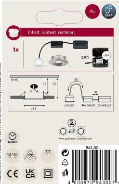 Spot encastré LED Nova Mini Coin Luminaire individuel fixe IP44 rond 65mm Coin 4W 310lm 230V 2700K Acier brossé