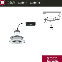 Spot encastré LED Nova Plus Coin Luminaire individuel orientable IP65 rond 93mm 30 Coin 6W 470lm 230V gradable 2700K Chrome