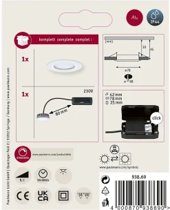 Spot encastré LED Nova Plus Coin Luminaire individuel fixe IP44 rond 78mm Coin 6W 470lm 230V gradable 2700K Blanc dépoli
