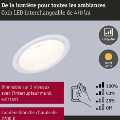 Spot encastré LED 3-Step-Dim Cole Coin Kit de 1 IP44 rond 88mm Coin 6W 470lm 230V gradable 2700K Blanc