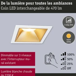 Spot encastré LED 3-Step-Dim Cole Coin Kit de 1 IP44 carré 88x88mm Coin 6W 470lm 230V gradable 2700K Blanc Doré mat