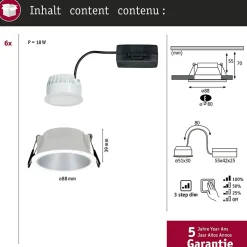 Spot encastré LED 3-Step-Dim Cole Coin Kit de 6 IP44 rond 88mm Coin 6x6W 6x470lm 230V gradable 2700K Blanc Argent mat