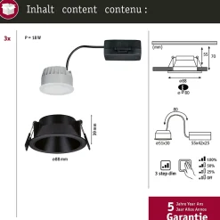 Spot encastré LED 3-Step-Dim Cole Coin Kit de 3 IP44 rond 88mm Coin 3x6W 3x470lm 230V gradable 2700K Noir