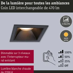 Spot encastré LED 3-Step-Dim Cole Coin Kit de 1 IP44 carré 88x88mm Coin 6W 470lm 230V gradable 2700K Noir