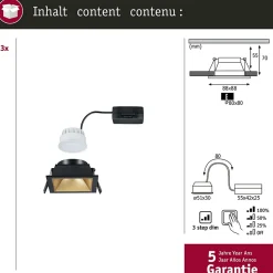 Spot encastré LED 3-Step-Dim Cole Coin Kit de 3 IP44 carré 88x88mm Coin 3x6W 3x470lm 230V gradable 2700K Noir Doré mat