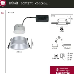 Spot encastré LED 3-Step-Dim Cole Coin Kit de 6 IP44 rond 88mm Coin 6x6W 6x470lm 230V gradable 2700K Argent mat