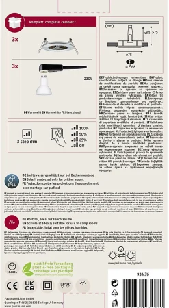 Spot encastré LED 3-Step-Dim Nova Kit de base fixe IP44 rond 78mm GU10 3x6,5W 3x460lm 230V gradable 2700K Acier brossé