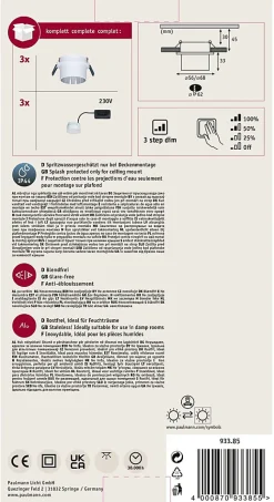 Spot encastré LED 3-Step-Dim Gil Coin Kit de base IP44 rond 68mm Coin 3x6W 3x470lm 230V gradable 2700K Blanc dépoli Acier brossé