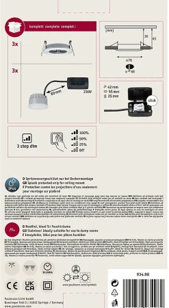 Spot encastré LED 3-Step-Dim Nova Coin Kit de base fixe IP44 rond 78mm Coin 3x6W 3x470lm 230V gradable 2700K Alu tourné