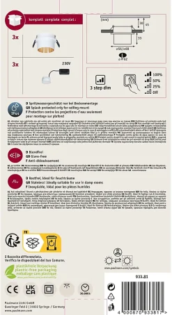 Spot encastré LED 3-Step-Dim Gil Coin Kit de base IP44 rond 68mm Coin 3x6W 3x470lm 230V gradable 2700K Blanc dépoli Doré