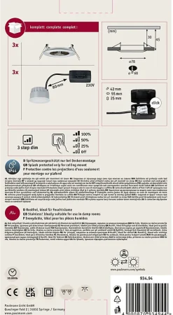 Spot encastré LED 3-Step-Dim Nova Coin Kit de base fixe IP44 rond 78mm Coin 3x6W 3x470lm 230V gradable 2700K Acier brossé
