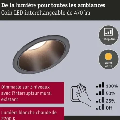 Spot encastré LED 3-Step-Dim Cole Coin Kit de 1 IP44 rond 88mm Coin 6W 470lm 230V gradable 2700K Noir