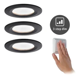 Spot encastré LED 3-Step-Dim Nova Coin Kit de base fixe IP44 rond 78mm Coin 3x6W 3x470lm 230V gradable 2700K Noir mat