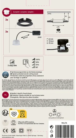 Spot encastré LED 3-Step-Dim Nova Coin Kit de base fixe IP44 rond 78mm Coin 3x6W 3x470lm 230V gradable 2700K Noir mat