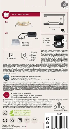 Spot encastré LED 3-Step-Dim Nova Coin Kit de base fixe IP44 rond 74mm Coin 3x6W 3x470lm 230V gradable 2700K Doré mat