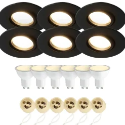 Spot encastrable au plafond IP44 noir, ampoule 3000K 5,5W GU10, orientable, encastrable, POLI EDO, 6 pcs.
