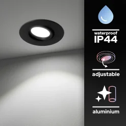 Spot encastrable au plafond IP44 noir, ampoule 6500K 7,5W GU10, orientable, encastrable, POLI EDO, 6 pcs.