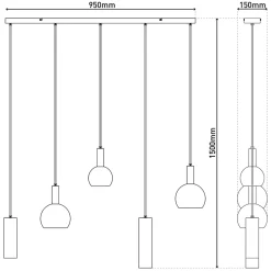Suspension 5 lampes CUSCO moderne en metal noir hauteur 150 cm dimensions 95x15 cm douille GU10