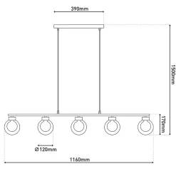 Suspension 5 lampes DONIKA style scandinave 116x12 cm metal et verre brun hauteur 150 cm douille G9