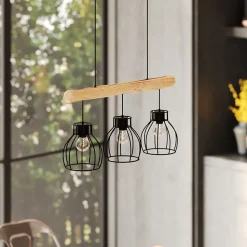 Suspension 3 lampes en bois d'eucalyptus et métal noir - Abby