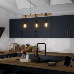 Suspension 3 lampes noir et effet bois E27 28W L.77 x 110 cm GoodHome Hornero