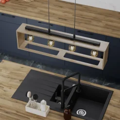 Suspension 4 lampes rectangle noir et effet bois E27 28W L.77 x 110 cm GoodHome Dunlin