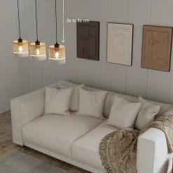 Suspension 3 lampes rotin et métal noir E27 15W H.110cm GoodHome Conebill