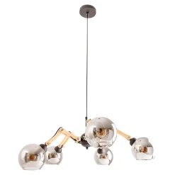 Suspension 5 lampes SOITO métal verre et bois hévéa douilles E14 pour salle à manger salon entrée bureau diamètre 80cm