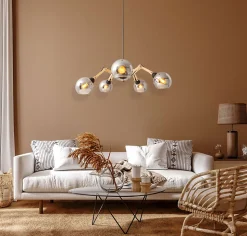 Suspension 5 lampes SOITO métal verre et bois hévéa douilles E14 pour salle à manger salon entrée bureau diamètre 80cm