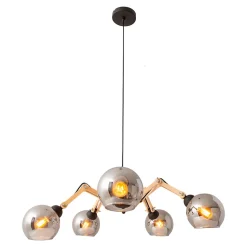 Suspension 5 lampes SOITO métal verre et bois hévéa douilles E14 pour salle à manger salon entrée bureau diamètre 80cm