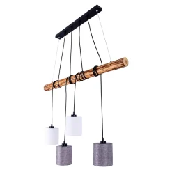 Suspension 4 pièces MALTA metal bois abat-jour textile gris blanc douille E27 pour salon bureau ou table de nuit