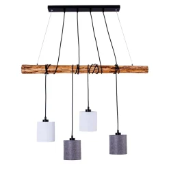 Suspension 4 pièces MALTA metal bois abat-jour textile gris blanc douille E27 pour salon bureau ou table de nuit