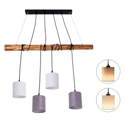 Suspension 4 pièces MALTA metal bois abat-jour textile gris blanc douille E27 pour salon bureau ou table de nuit
