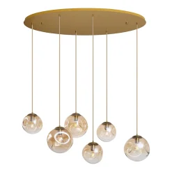 Suspension Art Déco Laiton avec Plaque de Plafond Ovale et Verre Ambré 6 Lumières - Douglass